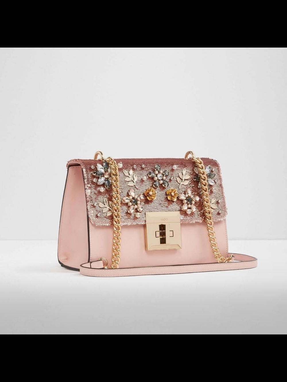 Aldo Pink Sequin Embellished Shoulder Bag with Gold Chain